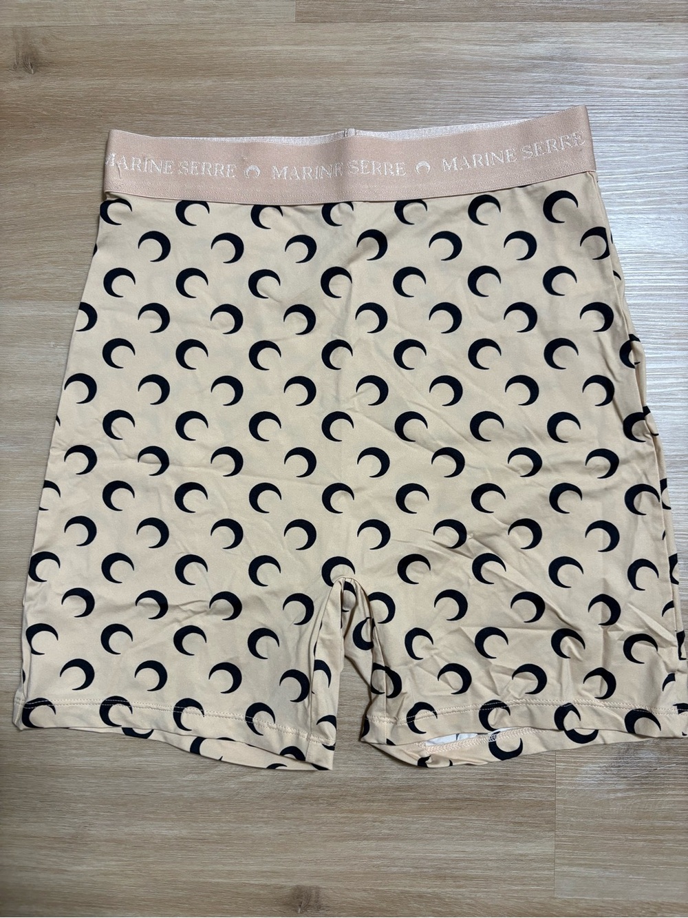 Marine Serre Beige Biker Shorts with Black Crescent Moon Print